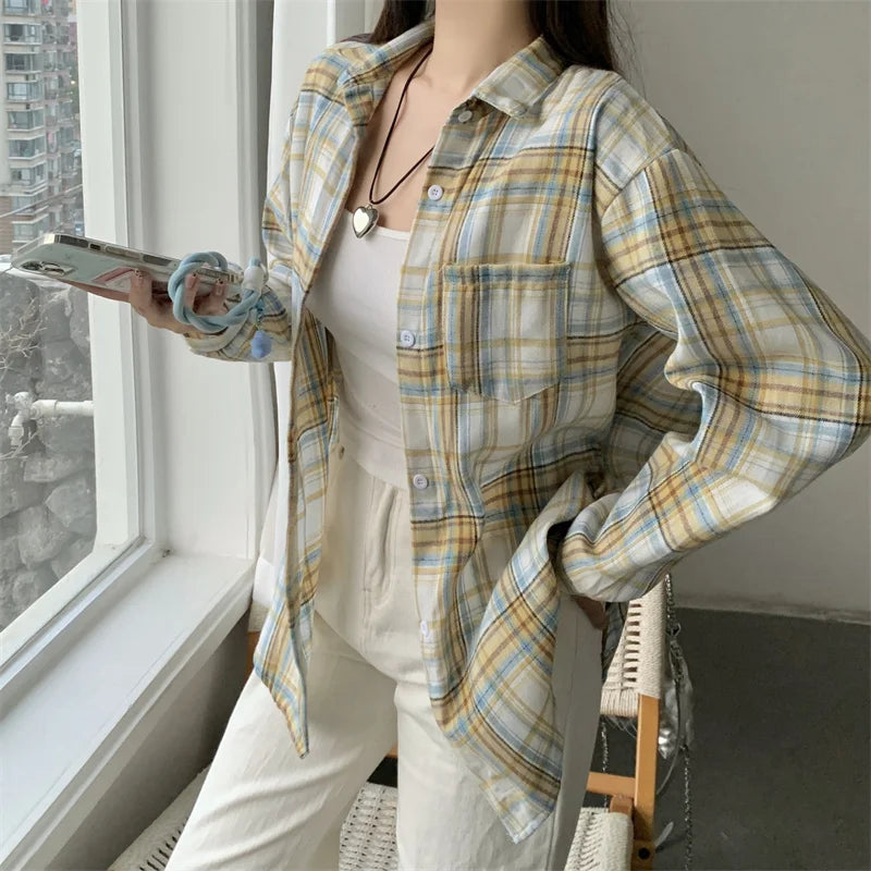 Women's Plaid Button Down Shirt Jacket– Long Sleeve Casual Check Top