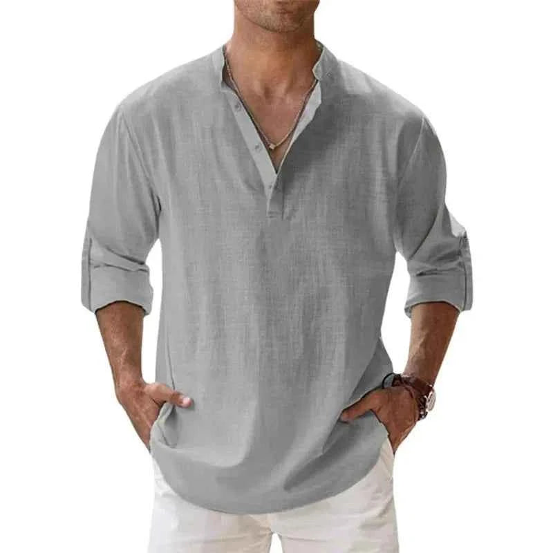 Men's Cotton Linen Henley Shirt – Lightweight Long Sleeve Beach Hawaiian Streetwear Top