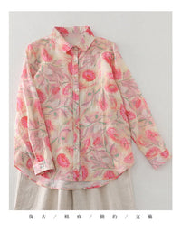 Women's Floral Cotton Linen Shirt – French Artistic Print Long Sleeve Blouse