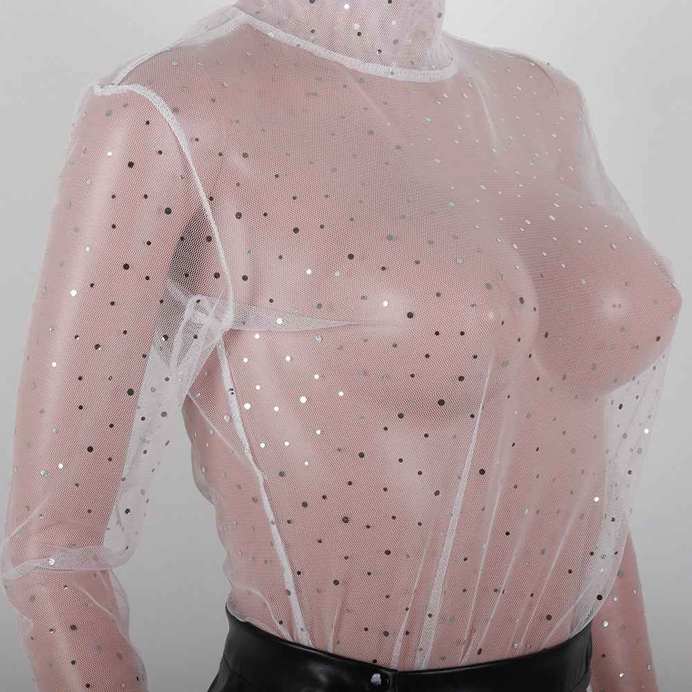 Women's Lace Mesh Sheer Crop Top – Rhinestone Turtleneck Long Sleeve Cover Up