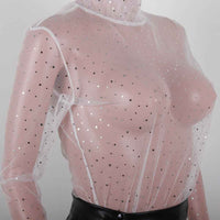 Women's Lace Mesh Sheer Crop Top – Rhinestone Turtleneck Long Sleeve Cover Up