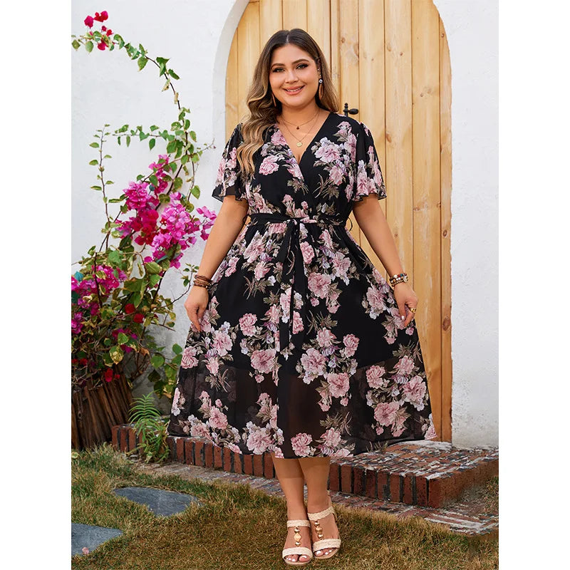 Women's Plus Size Floral V-Neck Dress – Elegant Bohemian A-Line Vacation Dress