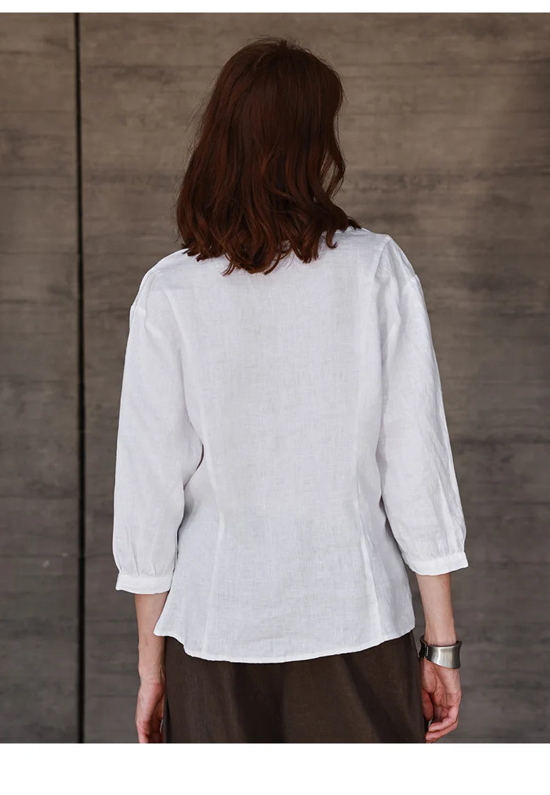 Women's Linen V-Neck Shirt – Premium White Retro Three-Quarter Sleeve Top