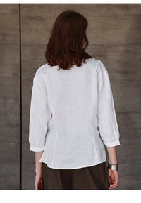 Women's Linen V-Neck Shirt – Premium White Retro Three-Quarter Sleeve Top