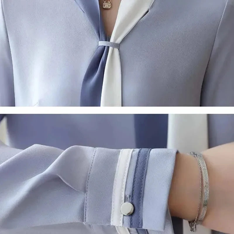 Women's Vintage Chiffon Office Blouse – Elegant V-Neck Long Sleeve Office Shirt