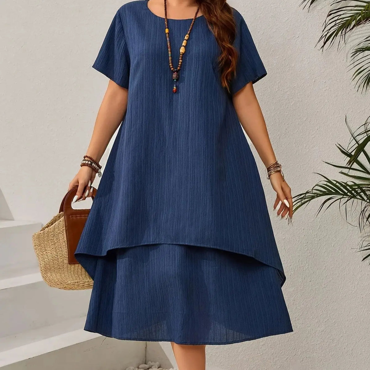 Women's Plus Size Navy Blue Dress – Elegant Loose Summer Dress for Curvy Women