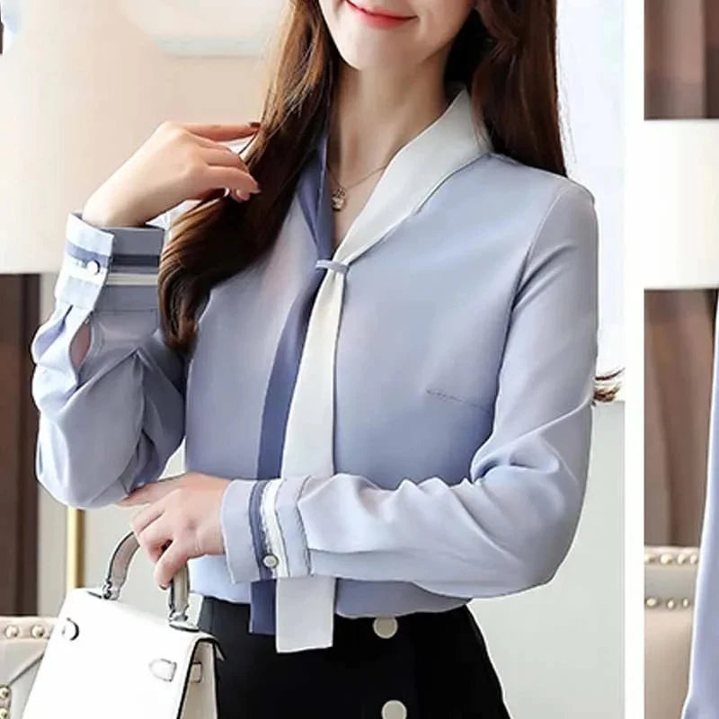 Women's Vintage Chiffon Office Blouse – Elegant V-Neck Long Sleeve Office Shirt