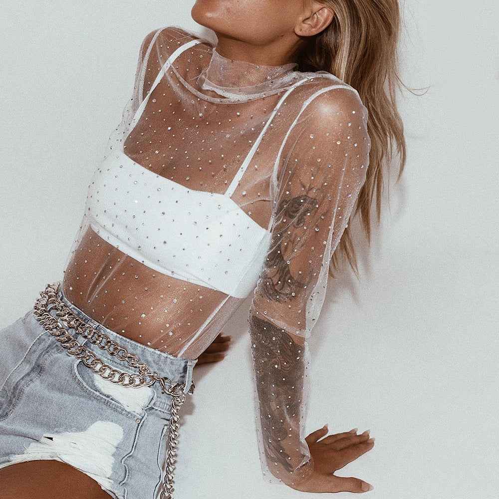 Women's Lace Mesh Sheer Crop Top – Rhinestone Turtleneck Long Sleeve Cover Up