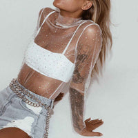 Women's Lace Mesh Sheer Crop Top – Rhinestone Turtleneck Long Sleeve Cover Up