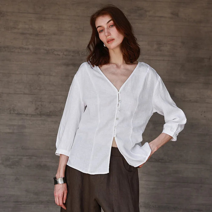 Women's Linen V-Neck Shirt – Premium White Retro Three-Quarter Sleeve Top