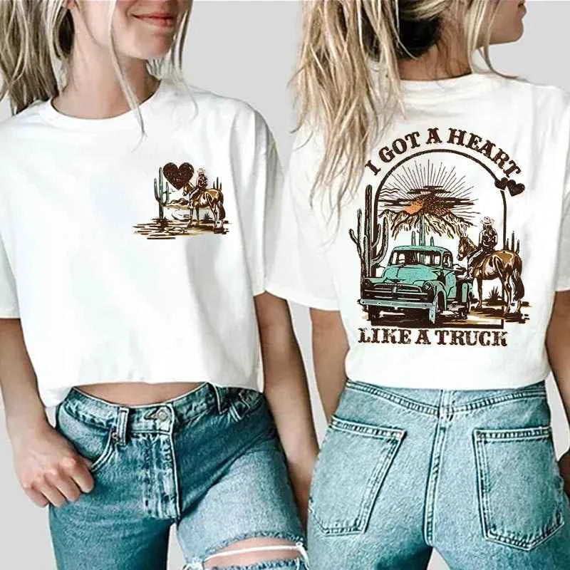 Women’s Heart Like a Truck Tee Western T-Shirt – Cowboy Rodeo Graphic Front & Back Tee