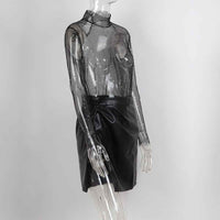 Women's Lace Mesh Sheer Crop Top – Rhinestone Turtleneck Long Sleeve Cover Up
