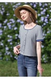 I BELIEVE YOU Women's Striped Slim Knit Top – Casual Retro Summer Round Neck Tee