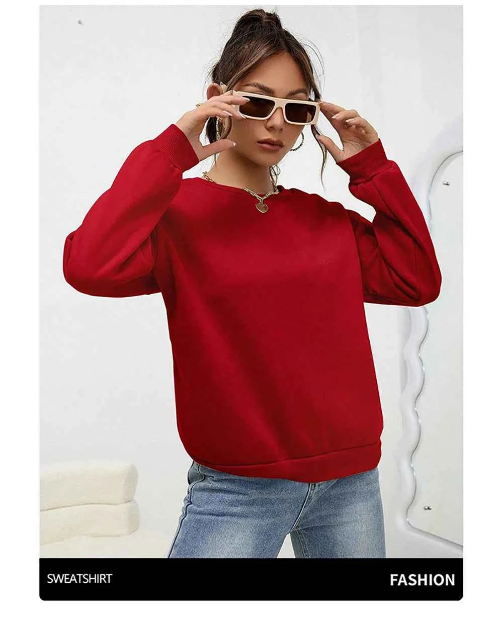 Women's Casual Solid Color Sweatshirt – Loose Fit Crewneck Fashion Pullover