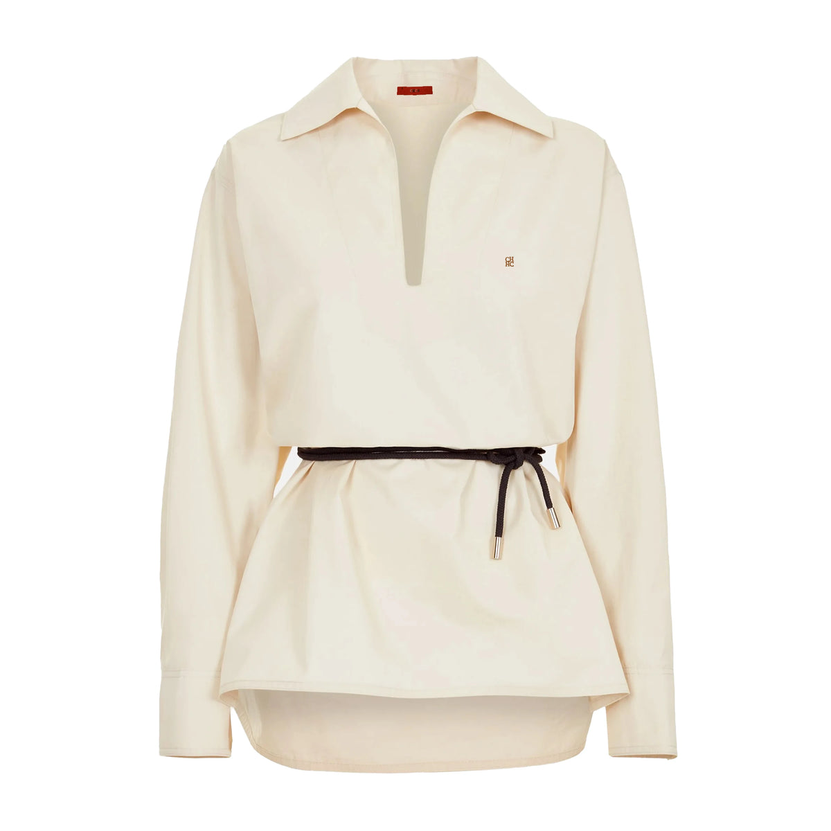 Women's Embroidered V-Neck Office Shirt – Elegant Belted Long Sleeve Office Top