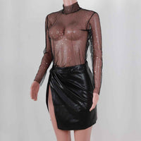 Women's Lace Mesh Sheer Crop Top – Rhinestone Turtleneck Long Sleeve Cover Up