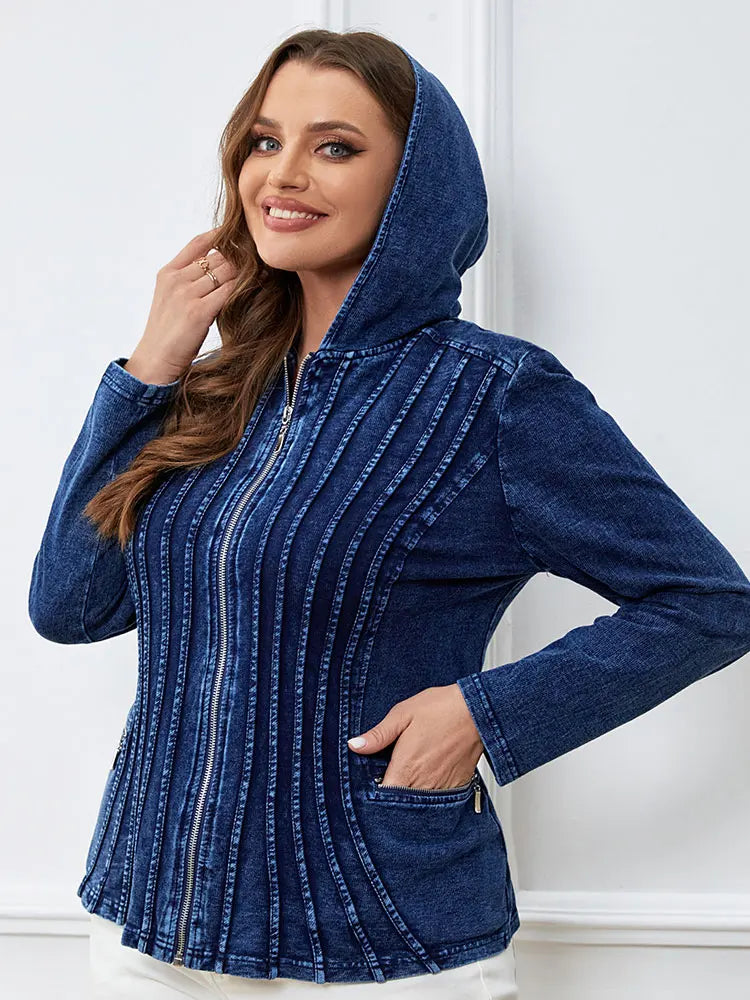 Women's Plus Size Casual Denim Jacket – Loose Fit Long Sleeve Blue Jean Coat
