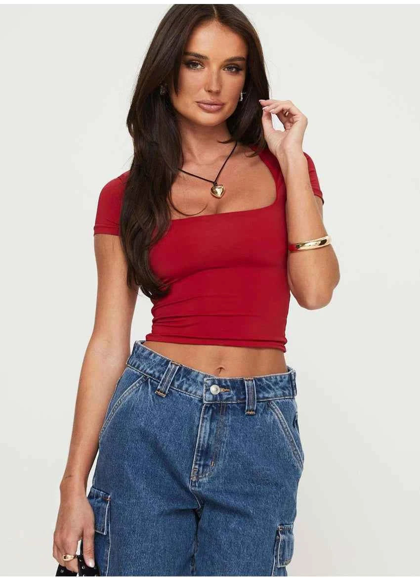 Women's Y2K U-Neck Crop Top – Slim Short Sleeve Casual Tee
