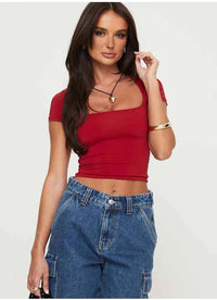 Women's Y2K U-Neck Crop Top – Slim Short Sleeve Casual Tee