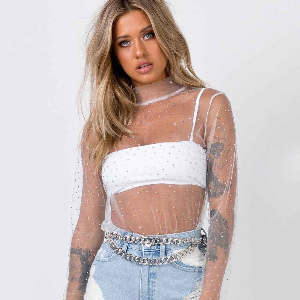 Women's Lace Mesh Sheer Crop Top – Rhinestone Turtleneck Long Sleeve Cover Up