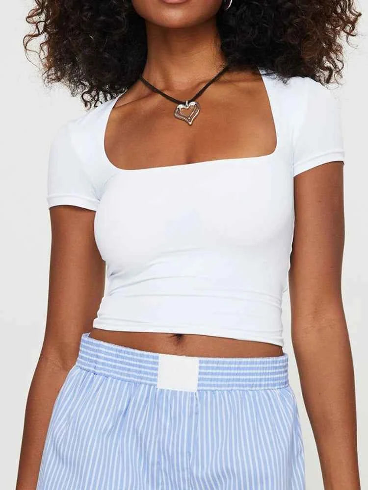 Women's Y2K U-Neck Crop Top – Slim Short Sleeve Casual Tee
