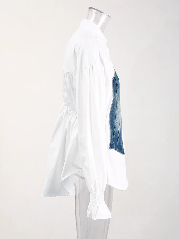 Women's Striped Denim Spliced Blouse – Elegant Lapel Long Sleeve Shirt 2026