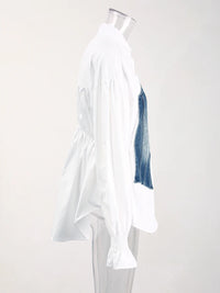 Women's Striped Denim Spliced Blouse – Elegant Lapel Long Sleeve Shirt 2026