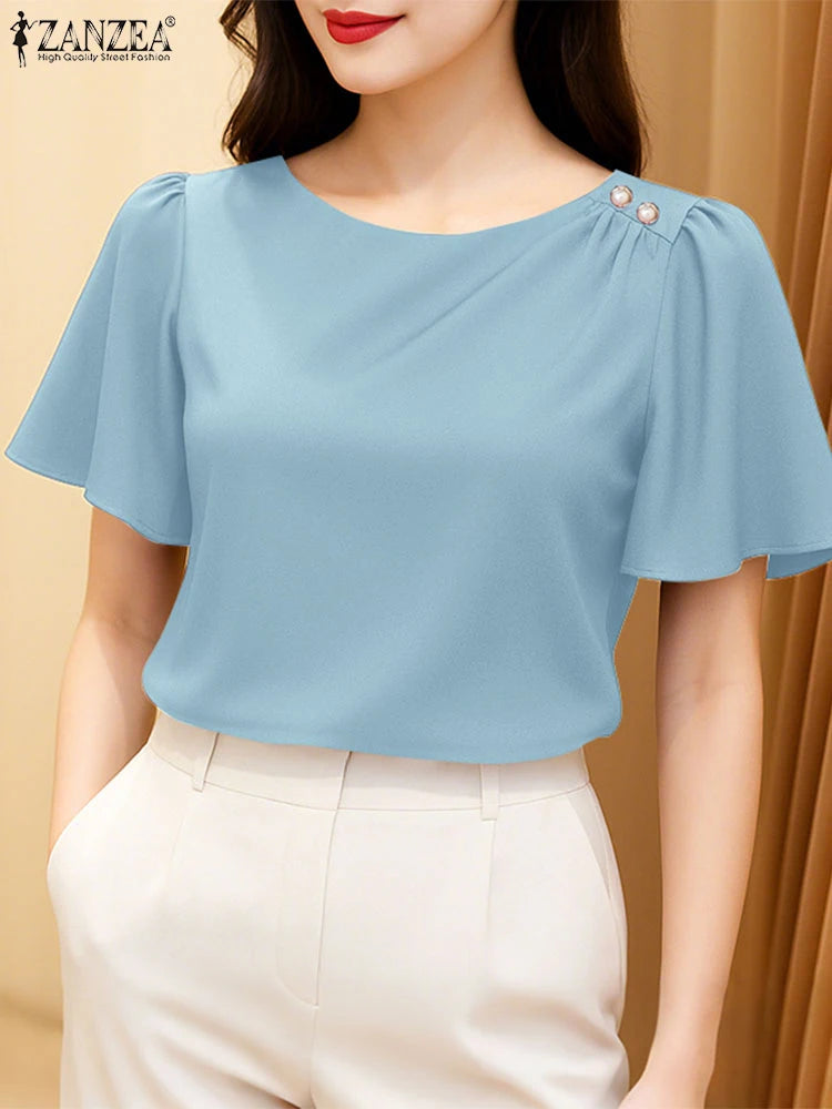 Women's Satin Office Blouse – Elegant Short Sleeve O-Neck Work Top 2025