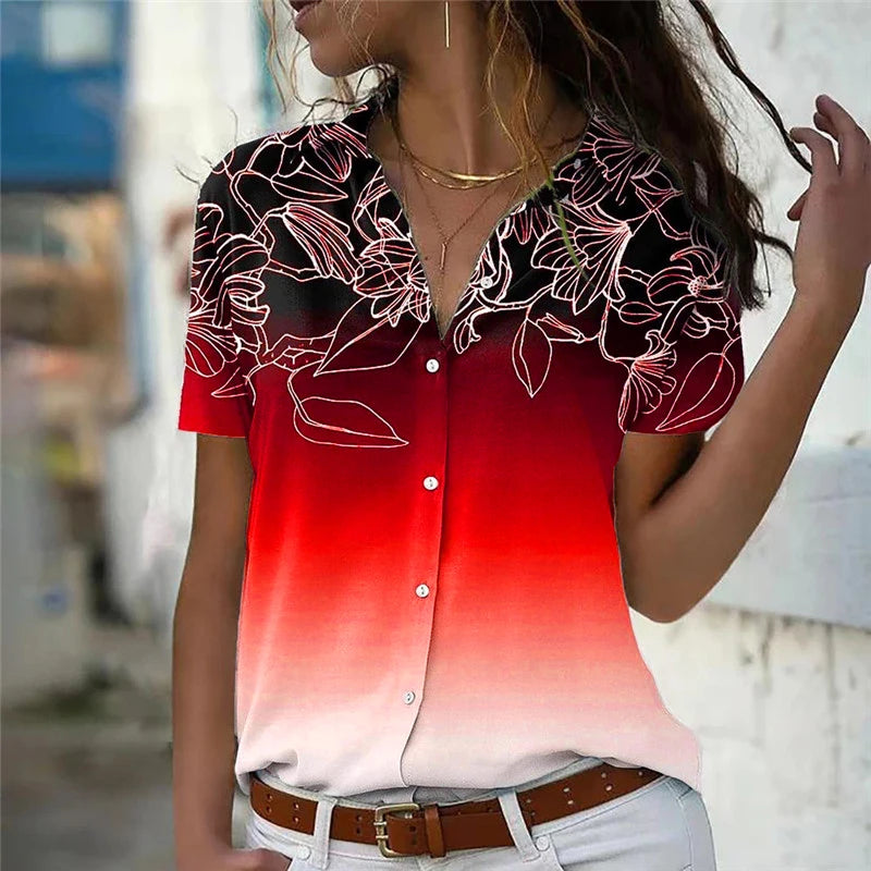 Women's Floral Gradient Tie-Dye Blouse – 3D Flower Short Sleeve Summer Top