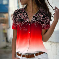 Women's Floral Gradient Tie-Dye Blouse – 3D Flower Short Sleeve Summer Top