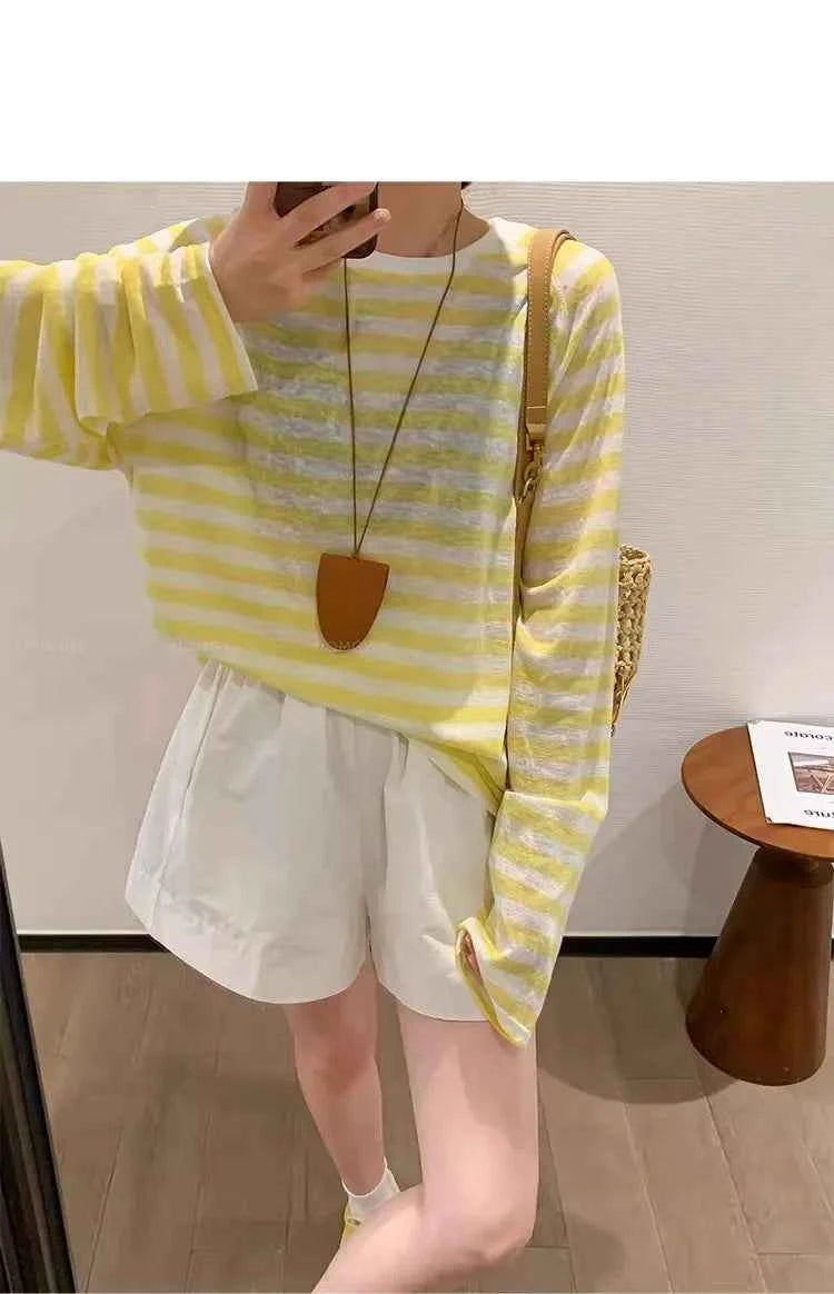 Women's Striped Loose Fit Summer T-Shirt – Trendy Korean Style Sun-Proof Summer Top