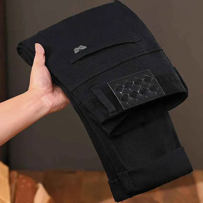 Men's Pure Black Slim Fit Jeans – Light Luxury Stretch Straight Leg Pants 2025
