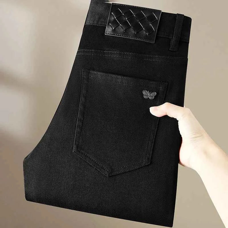 Men's Pure Black Slim Fit Jeans – Light Luxury Stretch Straight Leg Pants 2025