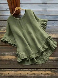 Women's Plus Size Ruffled Hem T-Shirt – Casual Short Sleeve Back Button Top