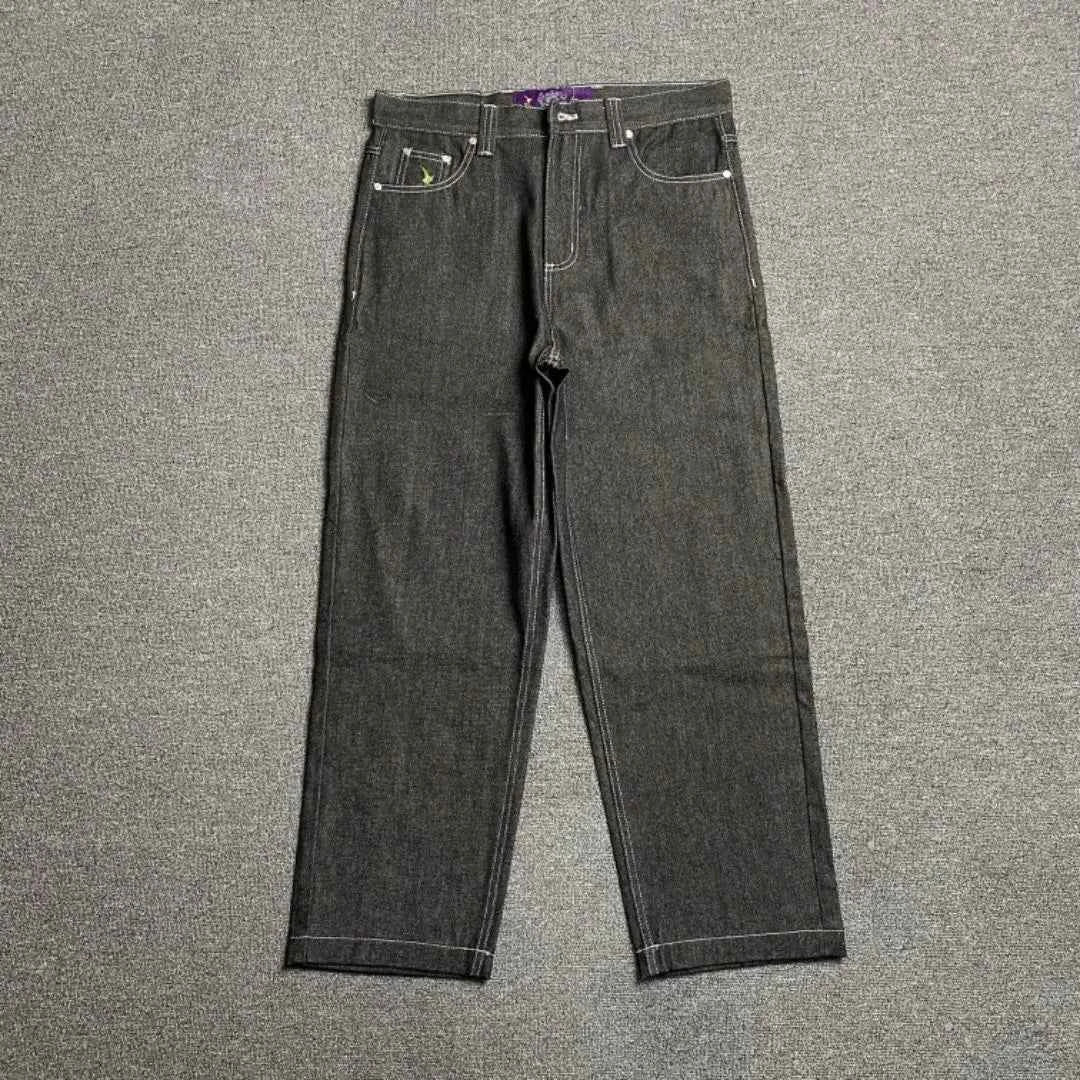 Men's Printed Embroidered Straight Jeans – Trendy Black Streetwear Denim Pants