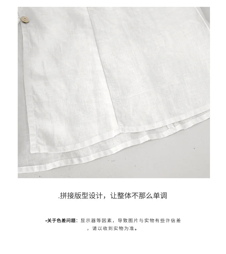 Women's Linen V-Neck Shirt – Premium White Retro Three-Quarter Sleeve Top