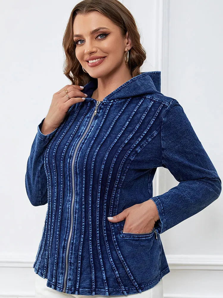 Women's Plus Size Casual Denim Jacket – Loose Fit Long Sleeve Blue Jean Coat