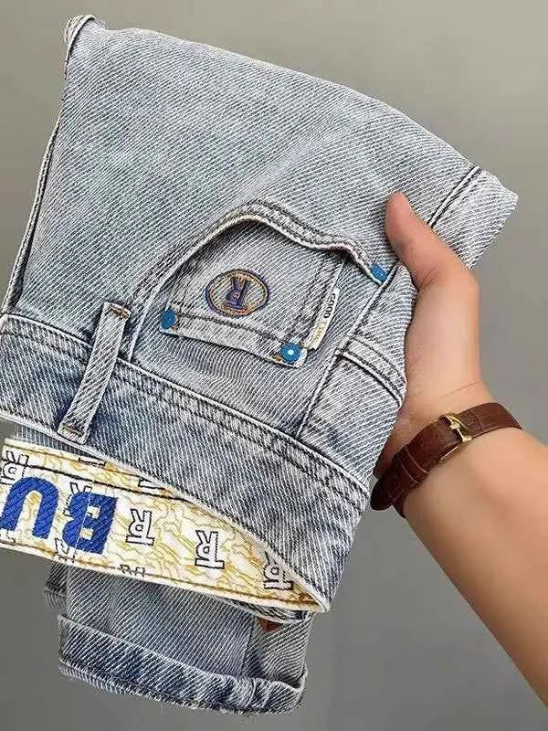 Men's Light Blue Embroidered Jeans – Slim Fit Vintage Washed Casual Pants