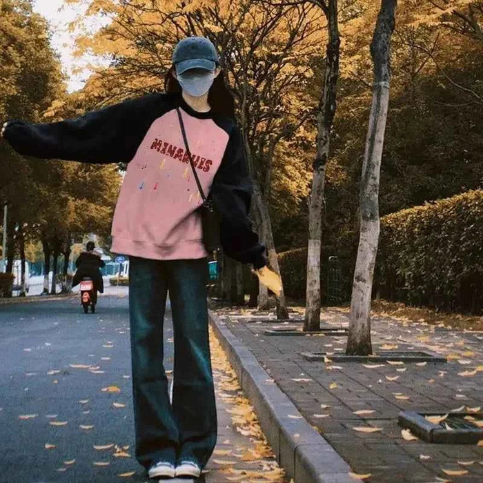 Women's Lettered French Terry Sweatshirt – Medium Length Contrasting Jacquard Pullover
