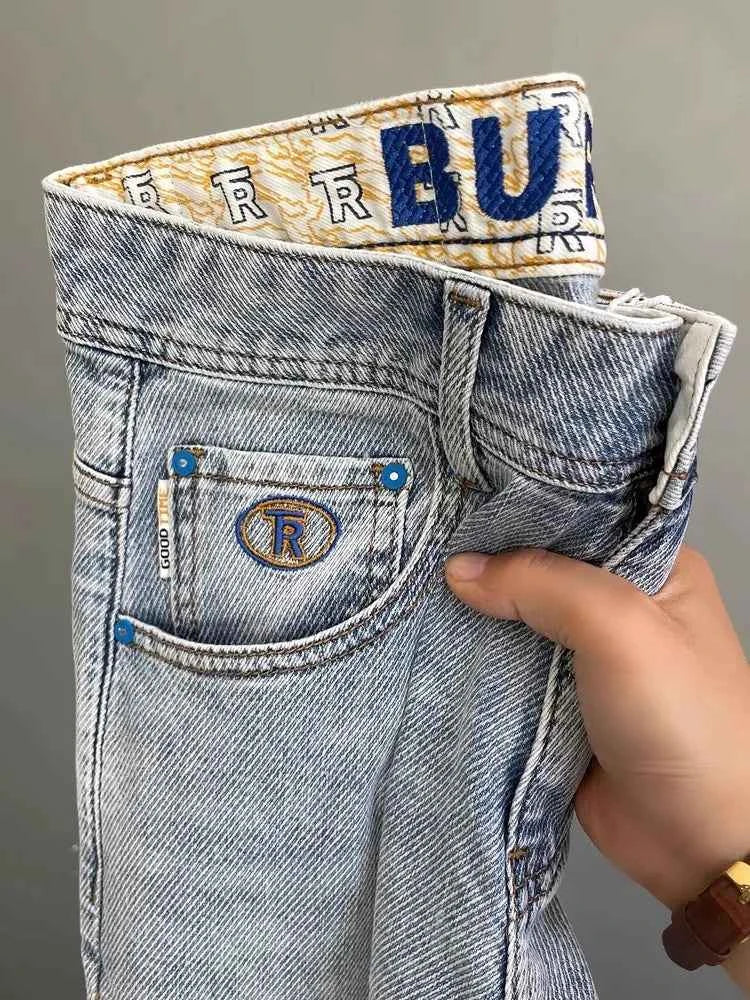 Men's Light Blue Embroidered Jeans – Slim Fit Vintage Washed Casual Pants