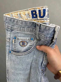 Men's Light Blue Embroidered Jeans – Slim Fit Vintage Washed Casual Pants