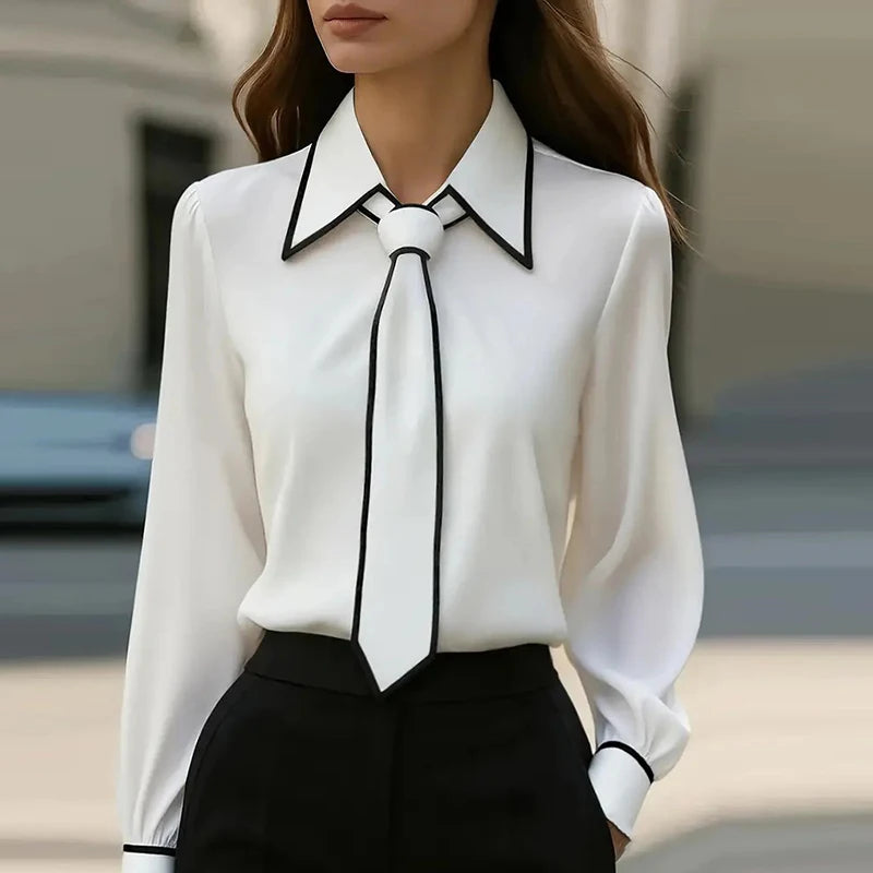 Women's Satin Long Sleeve Office Blouse – Elegant Solid Color Office Pullover