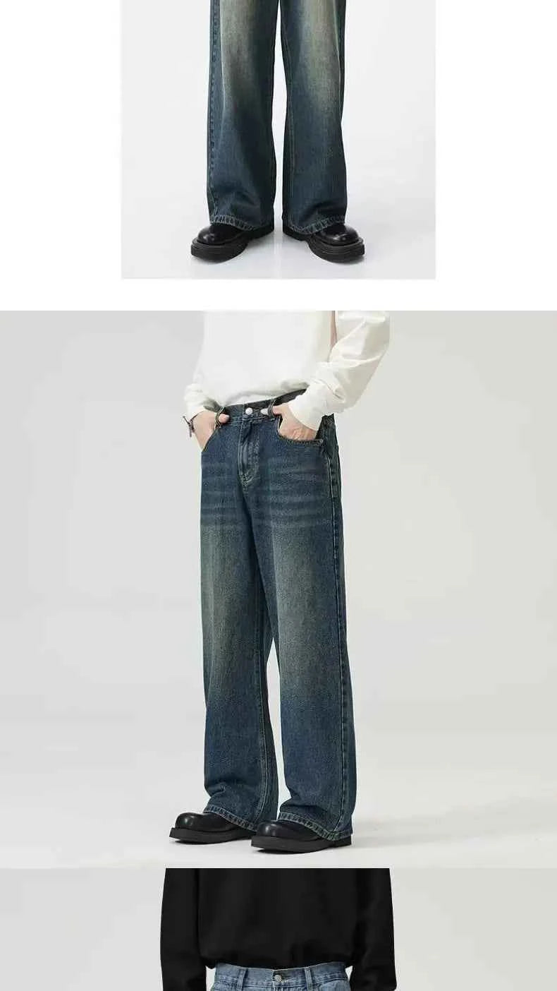 Men's Black Wide Leg Retro Jeans – Washed Loose Straight Cleanfit Denim Pants