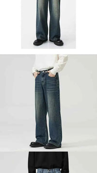 Men's Black Wide Leg Retro Jeans – Washed Loose Straight Cleanfit Denim Pants