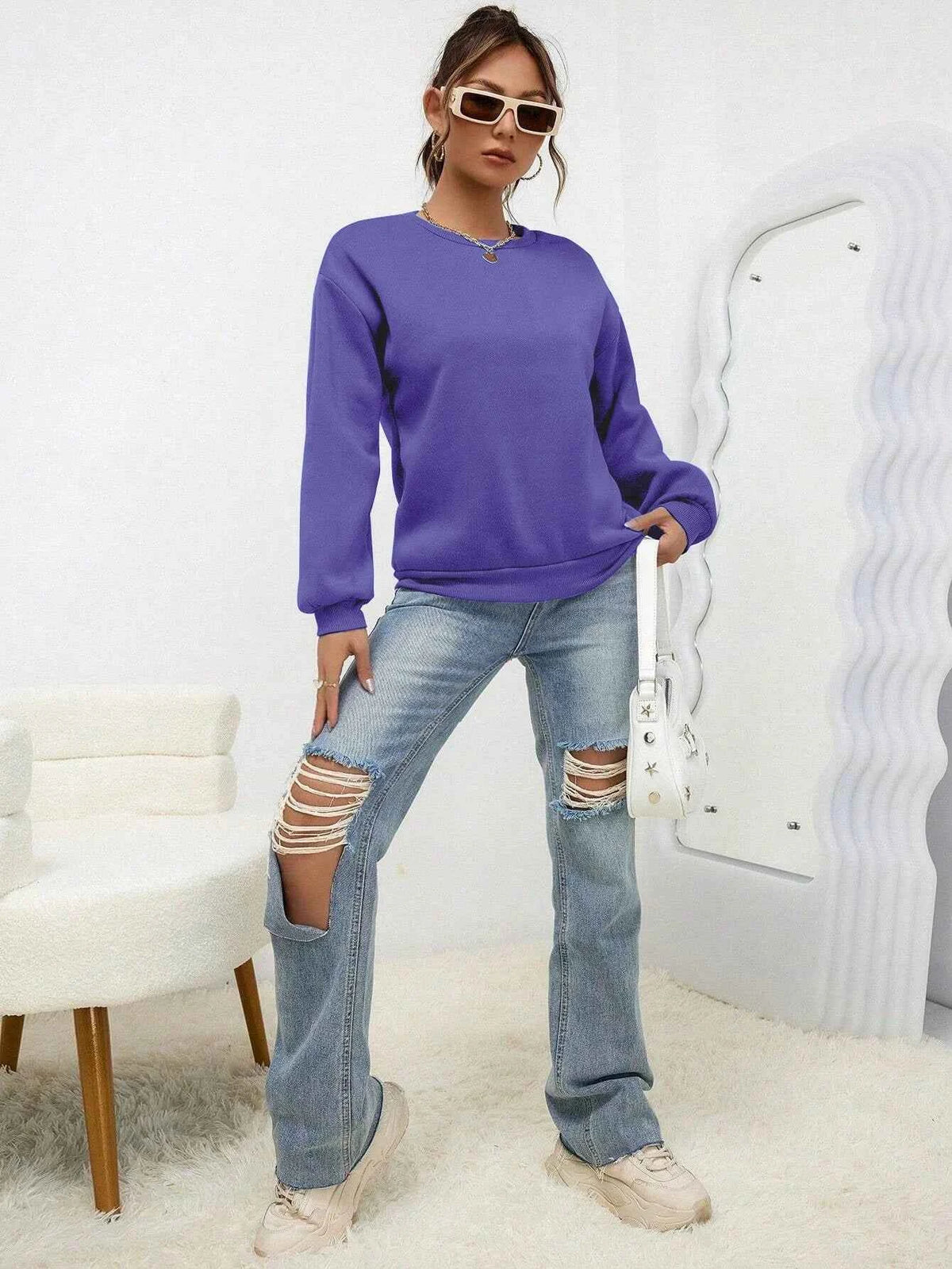 Women's Casual Solid Color Sweatshirt – Loose Fit Crewneck Fashion Pullover