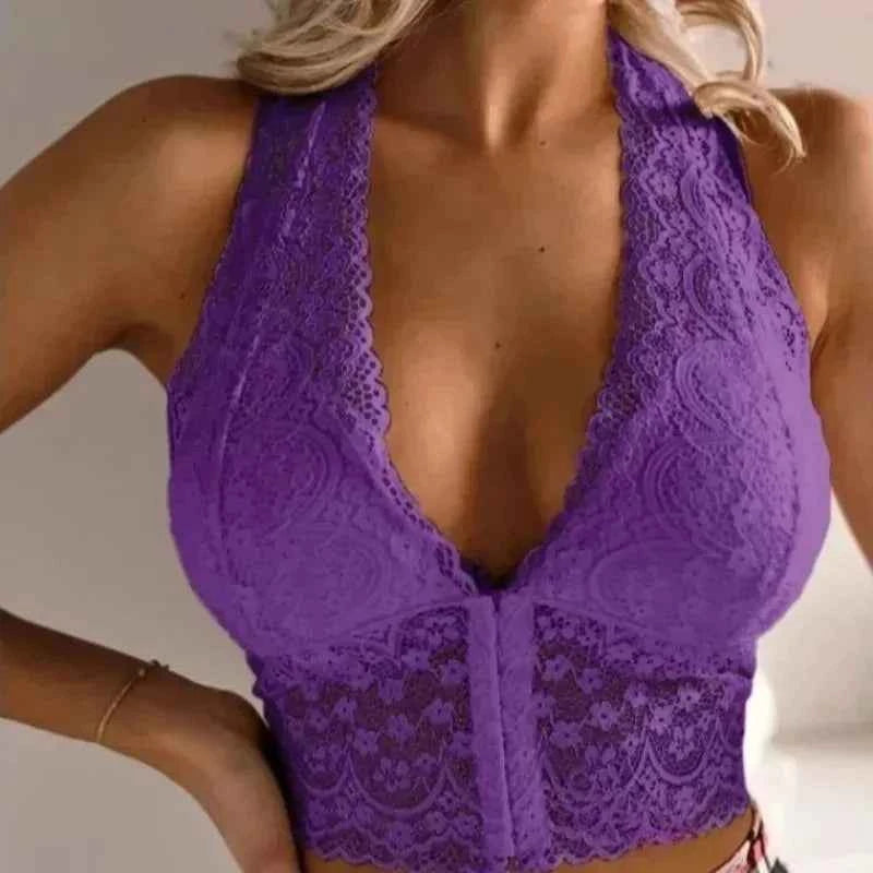 Women's Plus Size Lace Crop Top – Deep V-Neck Embroidery Y2K Summer Top