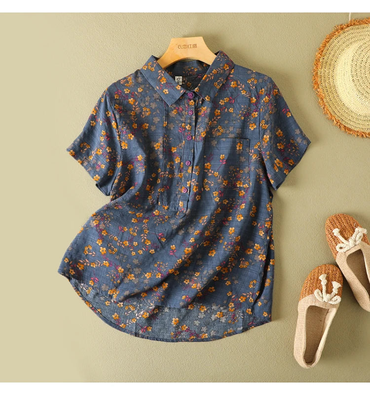 Women's Vintage Floral Print Blouse – Loose Short Sleeve Casual Summer Top