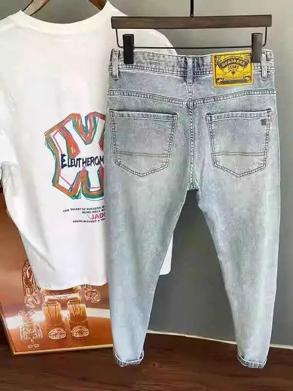 Men's Light Blue Embroidered Jeans – Slim Fit Vintage Washed Casual Pants