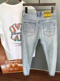 Men's Light Blue Embroidered Jeans – Slim Fit Vintage Washed Casual Pants