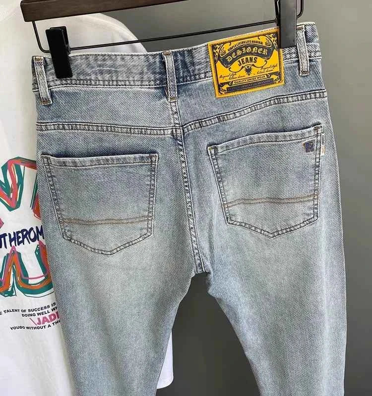 Men's Light Blue Embroidered Jeans – Slim Fit Vintage Washed Casual Pants